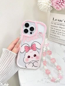 Ốp điện thoại chống rơi màu hồng bóng, chất liệu kem, viền lượn sóng, in hình chú heo và thỏ dễ thương, kèm phụ kiện vòng tay đính hạt thủ công. - Nhiều màu - Xem 3