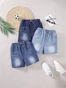 3 件套男童浅蓝色和中蓝色洗水牛仔短裤，休闲松紧腰及膝长裤，夏季街头风格 - 彩色 - 查看 9