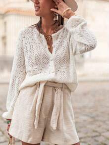 Women's Autumn Knit Cardigan, Semi-Sheer, Long Sleeve, Round Neck, Button Front, Minimalist Elegant, Essential Fashion Piece - White - View 4