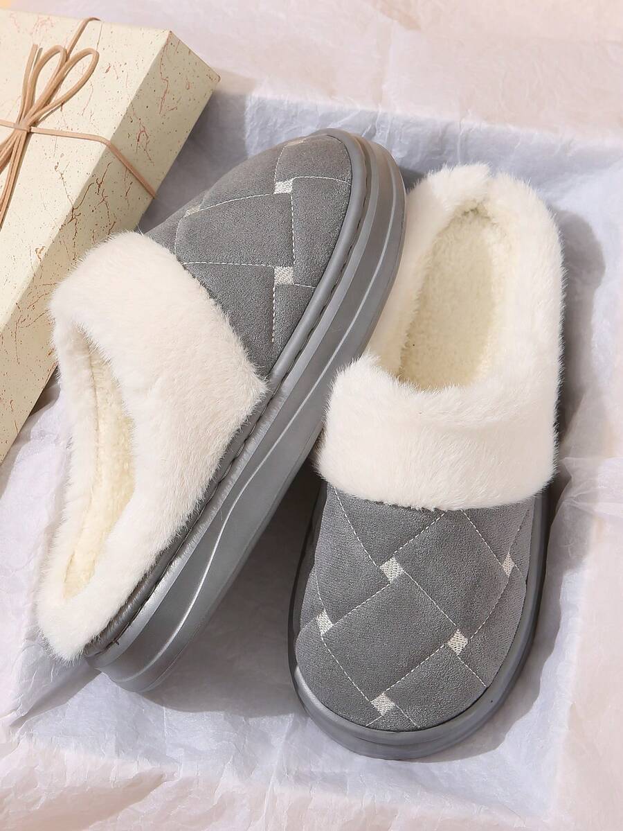 New Plush Slippers With Thick Sole, Warm & Anti-Slip, Autumn/Winter Fluffy Slippers For Women & Men - Grey - View 1