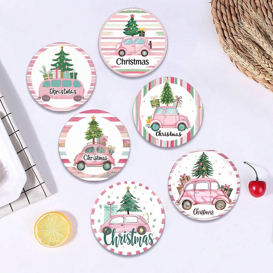 6 piezas/set o 420 piezas/70 sets Posavasos de goma suave redondos absorbentes de 10 cm/2 mm de grosor con estampado de árbol de Navidad y regalo en coche rosa, con parte inferior de goma, adecuados para tazas, decoración de mesa de cocina y comedor, decoración de cocina