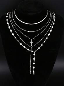 5 件简约十字架吊坠仿珍珠 Y 型项链套装，银色，女士多层项链，适合度假、约会、派对、生日、圣诞节、日常佩戴 - 銀色 - 查看 3