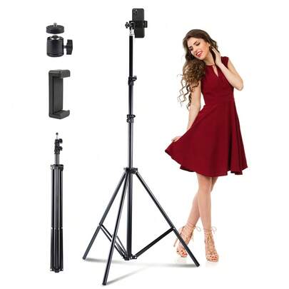2m Universal Tripod Stand With Lighting Holder, 3kg Load Capacity Adjustable, Suitable For Ring Light, Photography Light, Smartphone, Compact Camera