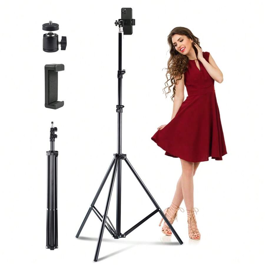 2m Universal Tripod Stand With Lighting Holder, 3kg Load Capacity Adjustable, Suitable For Ring Light, Photography Light, Smartphone, Compact Camera - Black - View 1