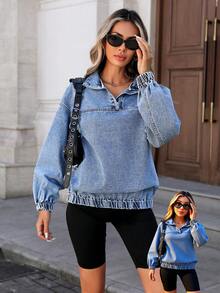 女士休闲时尚优雅性感音乐节蓝色牛仔运动衫 - 藍色 - 查看 7