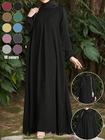 New Women's Front Zipper Collar Pocket Solid Color Loose Dress, Suitable For Spring, Autumn And Winter