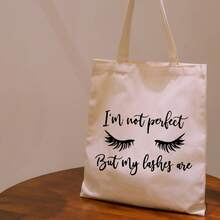 Women's Large Makeup Bag - Funny "I'm Not Perfect But My Lashes Are" Beauty Tote With Eyelash Design, Spacious Open-Top Cosmetic Organizer For Travel, Weddings, Everyday - Lightweight Gift For Makeup Lovers, Brides, Best Friends - Beige, Cute Makeup Bag, Wedding Accessory, Playful Design, Foldable Design, Versatile Accessory, Travel Essential - 米色 - 查看 6