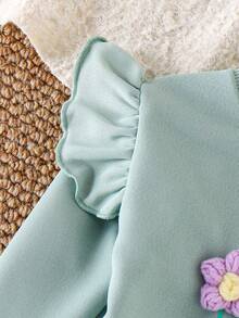 2 件女童休闲可爱荷叶边花卉字母印花长袖上衣和裤子套装，春秋 - 綠色 - 查看 4