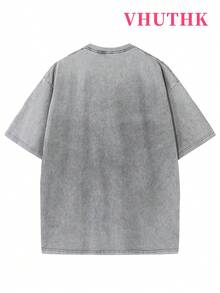 VHUTHK (220 Pure Cotton T-Shirt) 'GENUINE' Letter And Portrait Print, Suitable For Men's Casual, Comfortable, And Fashionable T-Shirt, Street Style Cotton - 灰色 - 查看 2