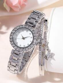 2 PIEZAS Reloj de mujer elegante y de moda, esfera de aleación redonda con escala de diamantes de imitación y incrustaciones de diamantes de imitación, con cadena de plata con diamantes de imitación en forma de estrella de cinco puntas, adecuado para festivales, bodas, fiestas y uso diario, es el mejor regalo para damas.