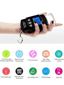 1pc Piece Of Digital Fishing Scale With Tape Measure, 50Kg Accurate Weighing Fish, Luggage, Hand Scale, One-Button Conversion G/Kg/Lb/Gln With Hook Luggage Scale, Shopping Scale, Express Scale, LCD Digital Hanging Scale .Battery Not Included