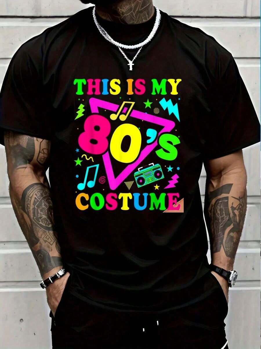 100% Cotton This Is My 80s Costume T-Shirt 80's 90's Party Vintage 1980s T-Shirt.Jpg Men's Women's Vintage Summer Vacation Tops Graphic Tee - 黑色 - 查看 1