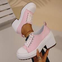女士休闲运动时尚户外高跟系带撞色学院风运动鞋，适合户外、居家、度假、大学、节日、海滩、所有季节 - 粉色 - 查看 4