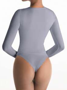 XLLAIS 女士时尚拉链领纯色紧身长袖弹力T恤，秋季休闲运动装 - 灰色 - 查看 2