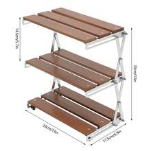 3-Tier Camping Folding Storage Rack Golden Sandalwood Desktop Organizing Rack With Spaced Design Multi-Function Storage Shelf For Indoor Outdoor Household, Portable Natural Wood Camping BBQ Storage Rack