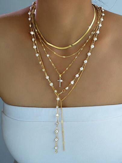 5pcs Fashionable Minimalist Cross Pendant, Faux Pearl Y-Necklace Set, Gold Tone, Layered Necklace For Women, Suitable For Vacation, Date, Party, Birthday, Christmas Gift, Versatile Daily Wear