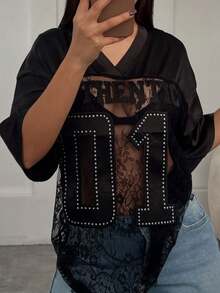 Mantos Summer Women's Letter Rhinestone Lace Jersey Tops Midnight Party Wear V-Neck Half Sleeve See Through T-Shirt - 黑色 - 查看 3