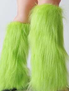 1 Pair Solid Color Fluffy Leg Warmers/Foot Covers For Women, Suitable For Autumn/Winter Christmas Gift - Brown - View 4