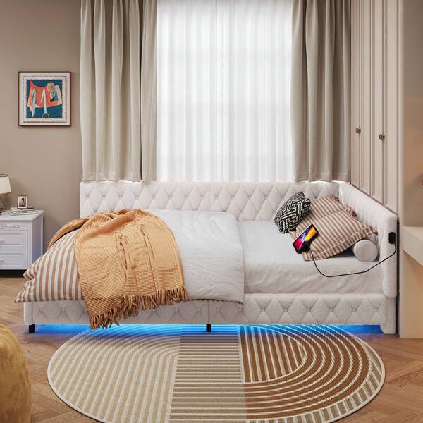 Rosahqnda Lit capitonné, canapé convertible 140x200, lit de repos, lit d'adolescent avec sommier à lattes, canapé convertible, lit d'appoint, velours teddy, sans matelas (blanc, 140x200cm)