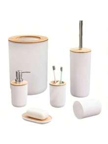 6件套时尚浴室套装家用浴室厕所清洁工具洗漱用品垃圾桶液压杯皂盒牙刷架，完美解决浴室用品问题
