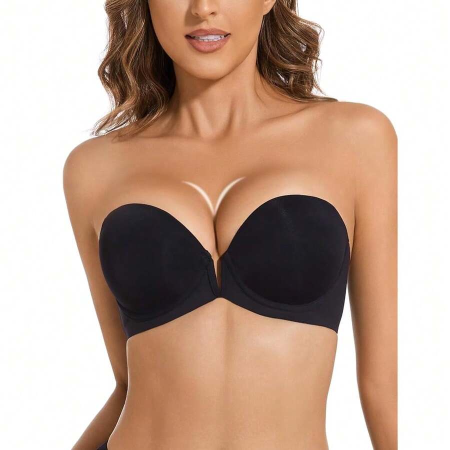 Strapless Bra Push Up Non Slip Deep V Plunge Underwire Bras For Women Super Padded Add 2 Cups - BlackBra - 查看 1