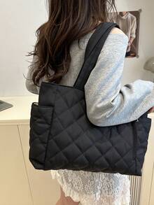 Fashionable Versatile Solid Color New Tote Bag, Casual Minimalist Textured Contrast Color Shoulder Bag - Black - View 2