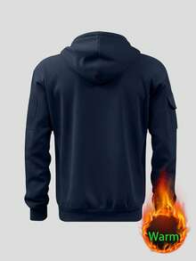 男士休闲连帽套头卫衣，带保暖内衬，简约风格，适合户外活动，秋冬季穿着 - 藍色 - 查看 3