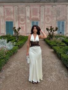 Sexy Lace & Satin Halter Tie Dress, Elegant Ball Gown, Wedding Dress, Holiday Party Dress, Valentine's Day - White - View 1