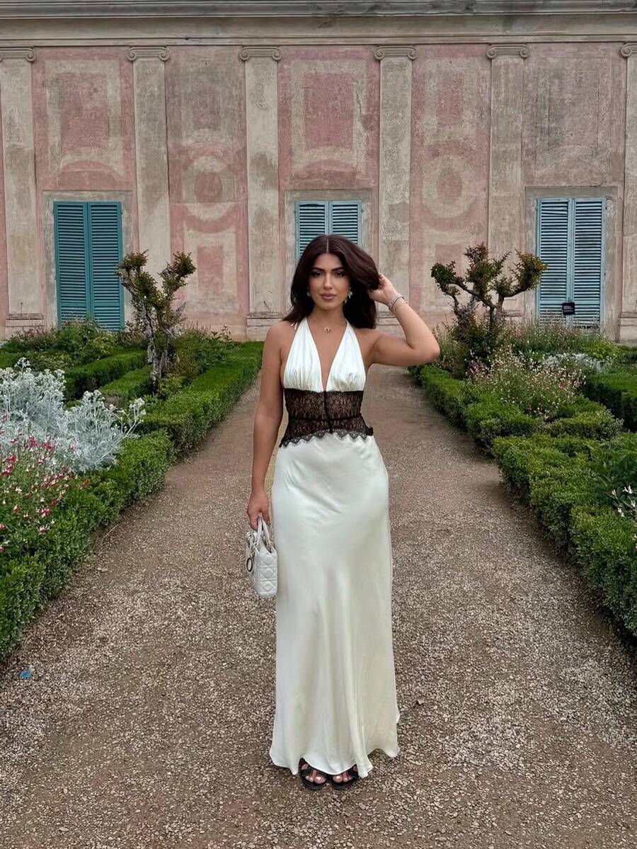 Sexy Lace & Satin Halter Tie Dress, Elegant Ball Gown, Wedding Dress, Holiday Party Dress, Valentine's Day - White - View 1