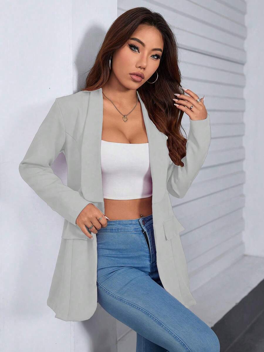 A&DD MODA, REF: 4043 - Women's Tailored Blazer, Maxi Long, Puff Sleeves, Classic Lapel Collar, Fitted And Elegant, Modern Formal Blazer, Sophisticated Piece, Slim Fit Design, Front Buttons, Chic And Casual Look, Ideal For Events And Work, Fashionable Women's Suit, Haute Couture - 淺灰色 - 查看 1