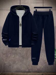 2pcs/Set Tween Boys Casual Outdoor Sports Hoodie Jacket And Fleece Sweatpants Set, Solid Color, High Value, Spring/Autumn - Navy Blue - View 3