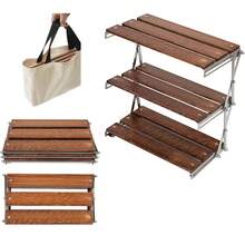 3-Tier Camping Folding Storage Rack Golden Sandalwood Desktop Organizing Rack With Spaced Design Multi-Function Storage Shelf For Indoor Outdoor Household, Portable Natural Wood Camping BBQ Storage Rack