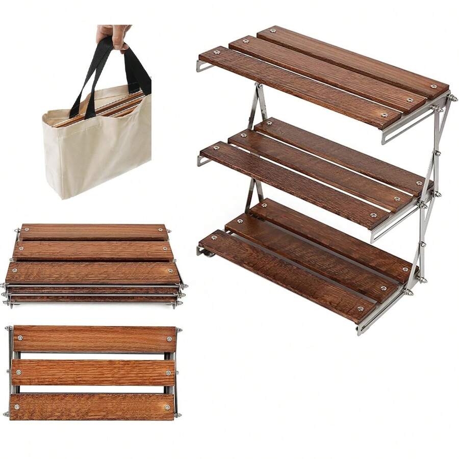 3-Tier Camping Folding Storage Rack Golden Sandalwood Desktop Organizing Rack With Spaced Design Multi-Function Storage Shelf For Indoor Outdoor Household, Portable Natural Wood Camping BBQ Storage Rack