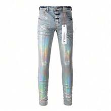 Pantalones De HombrePUR Jeans Pants Torn Jeans American Street Style Ripped Gold Foil Denim Pants For Men Distressed  High Waist Straight Leg Jeans Ropa De Hombre   Men Clothes   Pantalones De HombrePURPLE - 藍色 - 查看 1