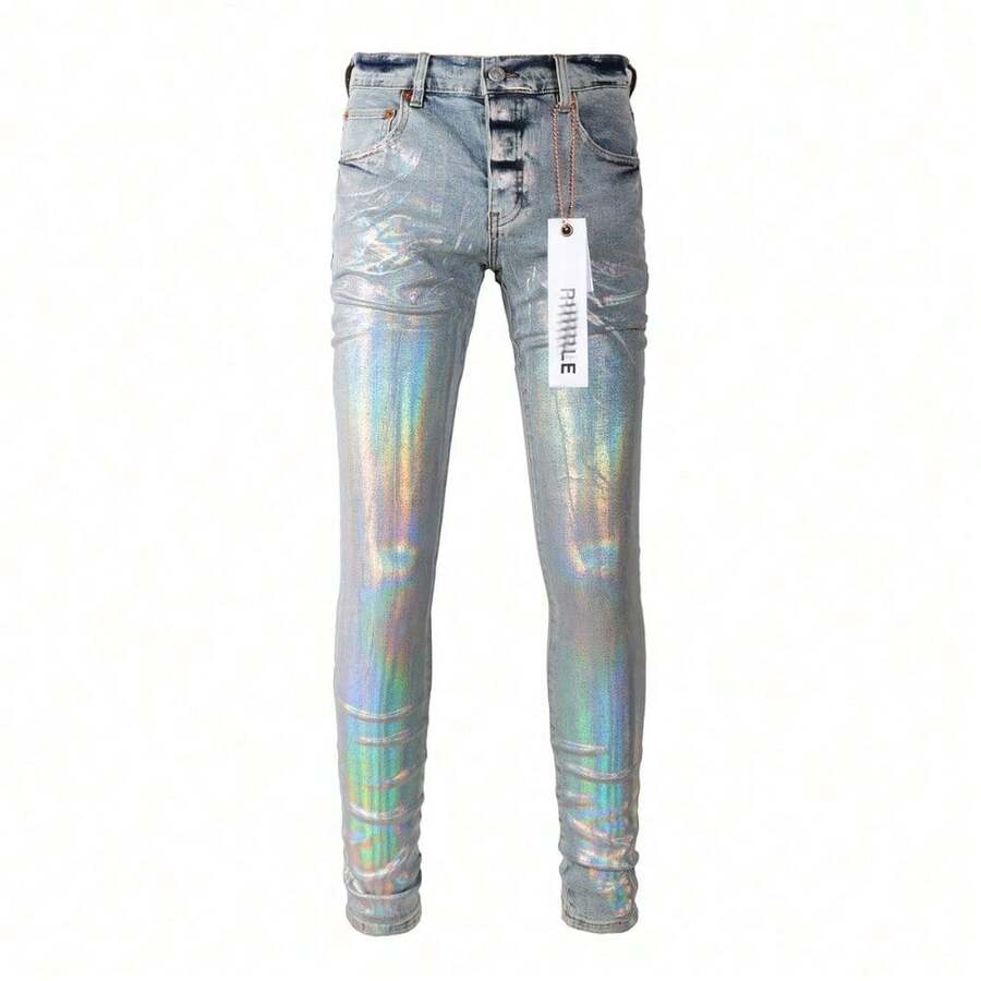 Pantalones De HombrePUR Jeans Pants Torn Jeans American Street Style Ripped Gold Foil Denim Pants For Men Distressed  High Waist Straight Leg Jeans Ropa De Hombre   Men Clothes   Pantalones De HombrePURPLE - 藍色 - 查看 1