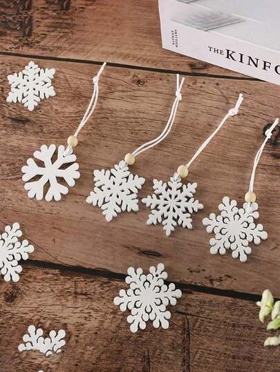 16个/盒 木质雪花挂饰，白色镂空雪花圣诞树挂件，乡村风格工艺品，带绳子，适合冬季、新年、圣诞树装饰