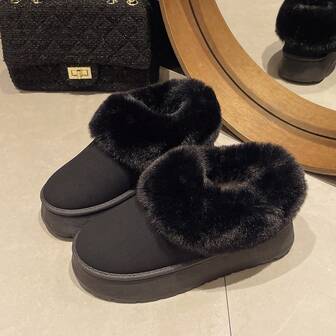 女士温暖舒适的厚底毛绒家居拖鞋，黑色蓬松包头室内拖鞋，柔软毛皮衬里，温暖舒适