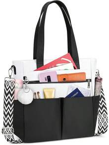 Lubardy Bolsas Tote de Mujer con Pompón Bolsa de Lona Mujer Bolsa Tote Bag Impermeable Bolso Mujer con Bandolera - Negro & Blanco - Ver 8