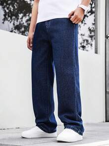 European & American Teenage Boys' Dark Blue Casual Straight Leg Jeans