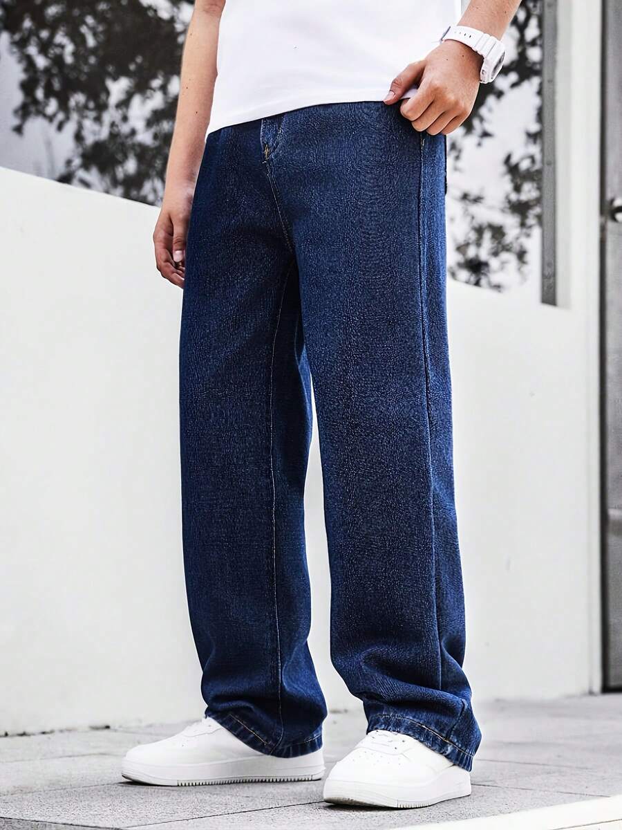 European & American Teenage Boys' Dark Blue Casual Straight Leg Jeans