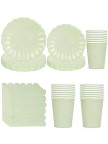 10 pièces Fournitures de fête vert clair à bord festonné. Assiettes en papier vert sauge, serviettes de cocktail, tasses, ensemble de vaisselle. paquets de fête pour mariage, baby shower, pique-nique, anniversaire, décorations