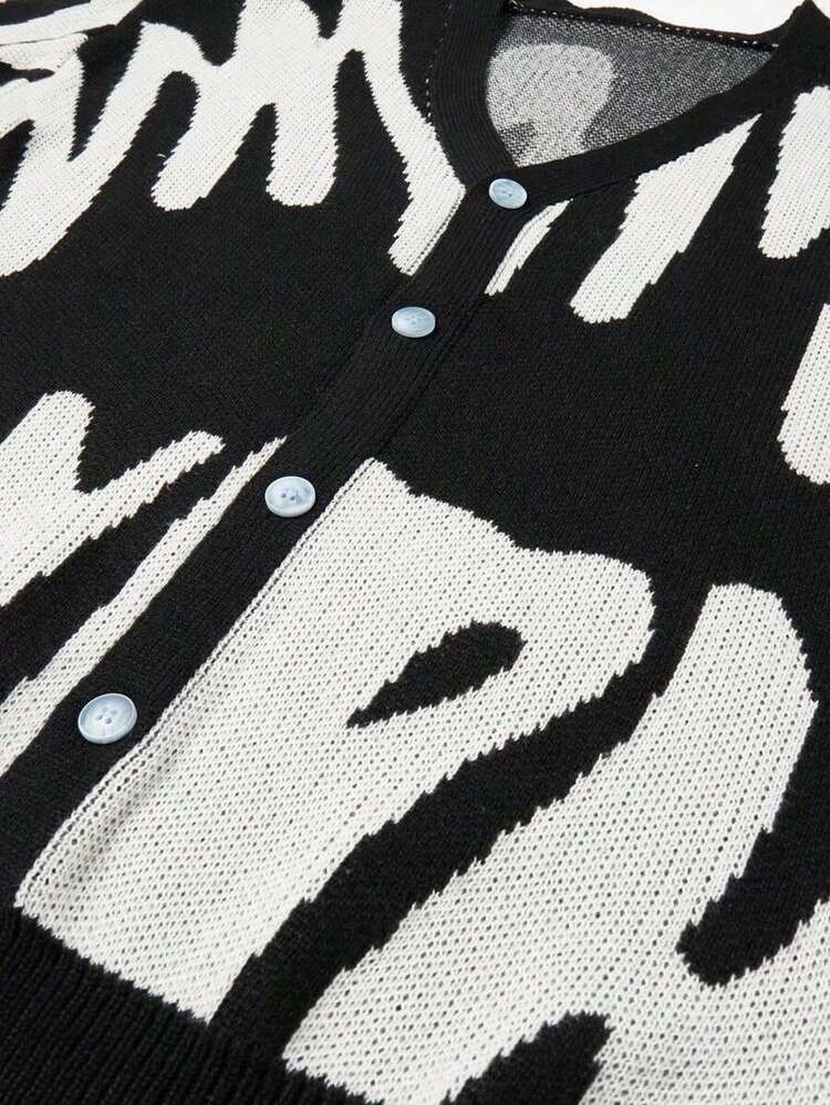 Manfinity Hypemode Men's Color-Block Button-Up Long Sleeve Cardigan Sweater - Black and White - View 4