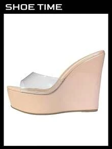 Women's Platform Wedge Slide Sandals – Open Toe Slip-On High Heel Mules With Cork Design - 裸體 - 查看 2