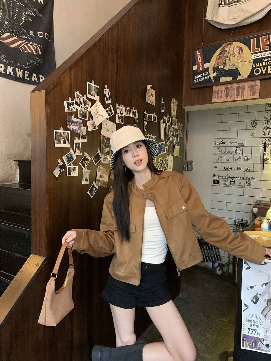 Minimalist American Style Deer Velvet Stand Collar Casual Jacket