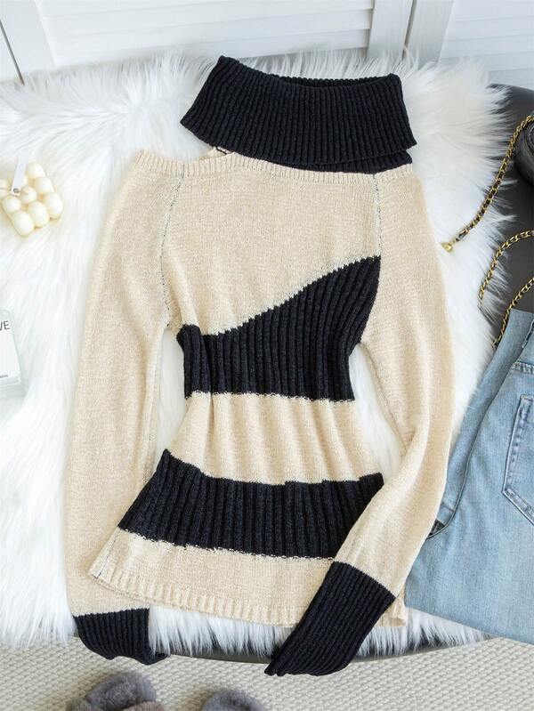 Sexy Off-Shoulder Vintage Striped Contrast Color Fitted Knit Sweater For Women, New Design Long Sleeve Top, Autumn/Winter