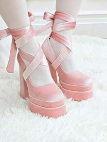 Lace Up Mary Jane Heels For Women Platform Chunky Heeled Shoes Goth Round Toe Y2K High Heels Lively Red Look - 淺粉色 - 查看 10