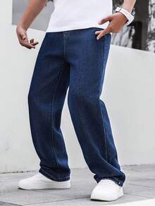 European & American Teenage Boys' Dark Blue Casual Straight Leg Jeans