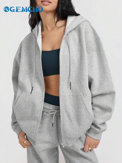 GEMCHO 女士休闲宽松开襟落肩抽绳连帽卫衣外套，带口袋，适合日常通勤/休闲外出/居家/运动，保暖舒适 - 秋冬季