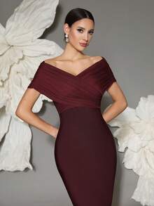 Off-Shoulder Bandage Knit Bodycon Dress, Sexy European Style, Suitable For Family Gatherings, Parties, Banquets - Burgundy - View 3