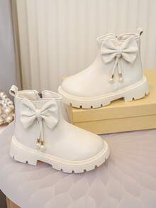 Girls' Solid Color Bow Pearl Design Outdoor Boots, Soft And Comfortable - Beige - View 4